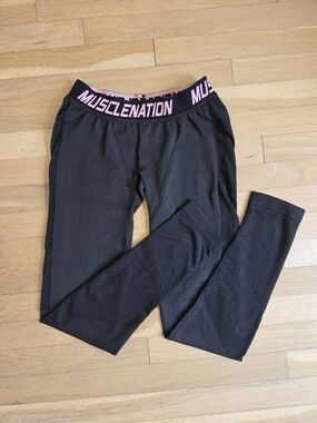 Muscle Nation Black Leggings with Pink Logo Waistband